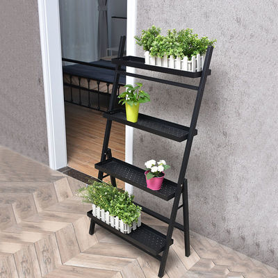 Étagère noire de support de fleur de fer d'à la maison quatre rangées avec le panier de drain